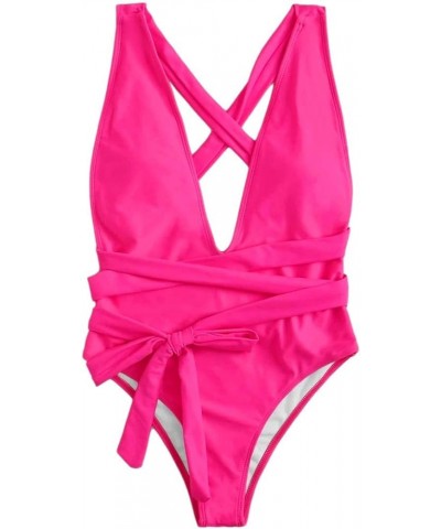 Sexy Tie Criss Cross Plunge One Piece Thong Swimsuit High Cut Brazilian Bathing Suit Hot Pink2 $18.40 Swimsuits