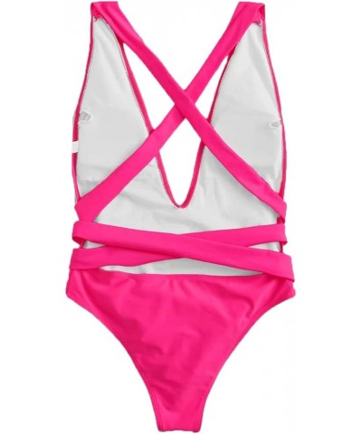 Sexy Tie Criss Cross Plunge One Piece Thong Swimsuit High Cut Brazilian Bathing Suit Hot Pink2 $18.40 Swimsuits