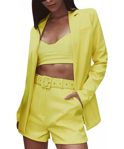 Women's 2 Piece Open Front Long Sleeve Slim Fit Blazer and High Waist Solid Shorts Suit Sets Yellow $23.19 Suits