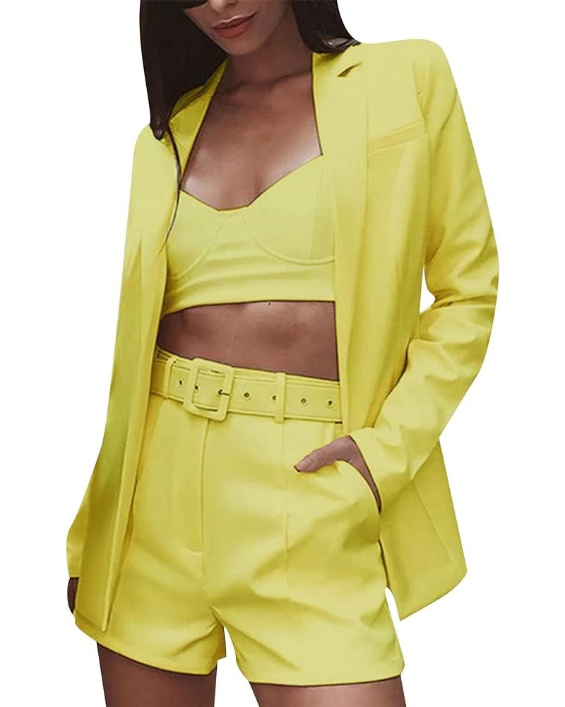 Women's 2 Piece Open Front Long Sleeve Slim Fit Blazer and High Waist Solid Shorts Suit Sets Yellow $23.19 Suits