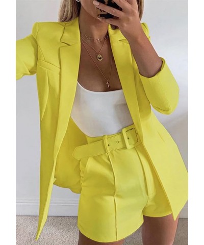 Women's 2 Piece Open Front Long Sleeve Slim Fit Blazer and High Waist Solid Shorts Suit Sets Yellow $23.19 Suits