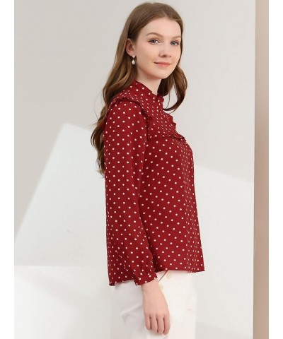 Women's Fall Fashion Long Sleeve Mock Neck Ruffle Polka Dots Blouse Tops Dark Red $15.26 Blouses