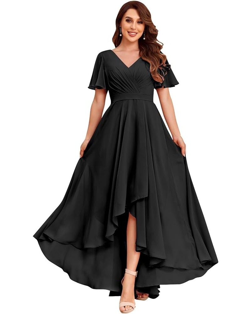 Women's V Neck Bridesmaid Dresses for Wedding Long Chiffon High Low Formal Dress with Sleeves Black $31.85 Dresses