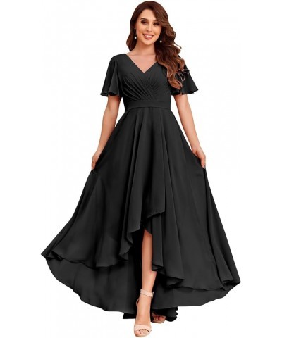 Women's V Neck Bridesmaid Dresses for Wedding Long Chiffon High Low Formal Dress with Sleeves Black $31.85 Dresses