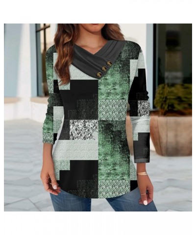 Womens Fall Tops Plus Size Long Sleeve V Neck Shirts Button Down Geometric Patchwork Print Tunic Fashion Tee Blouses Green-s3...