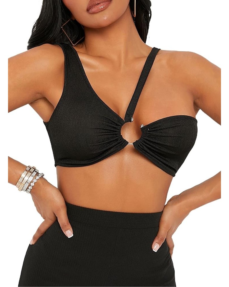 Women's Sexy One Shoulder Crop Top Cut Out O Ring Sleeveless Cami Tank Black $8.54 Tanks