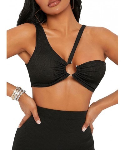 Women's Sexy One Shoulder Crop Top Cut Out O Ring Sleeveless Cami Tank Black $8.54 Tanks