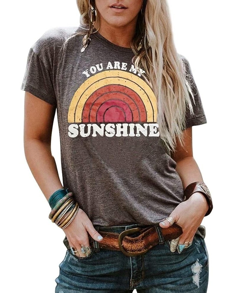 Women Bring On The Sunshine Shirt Graphic Tee Letter Print Casual Tops Z-brown $8.80 T-Shirts