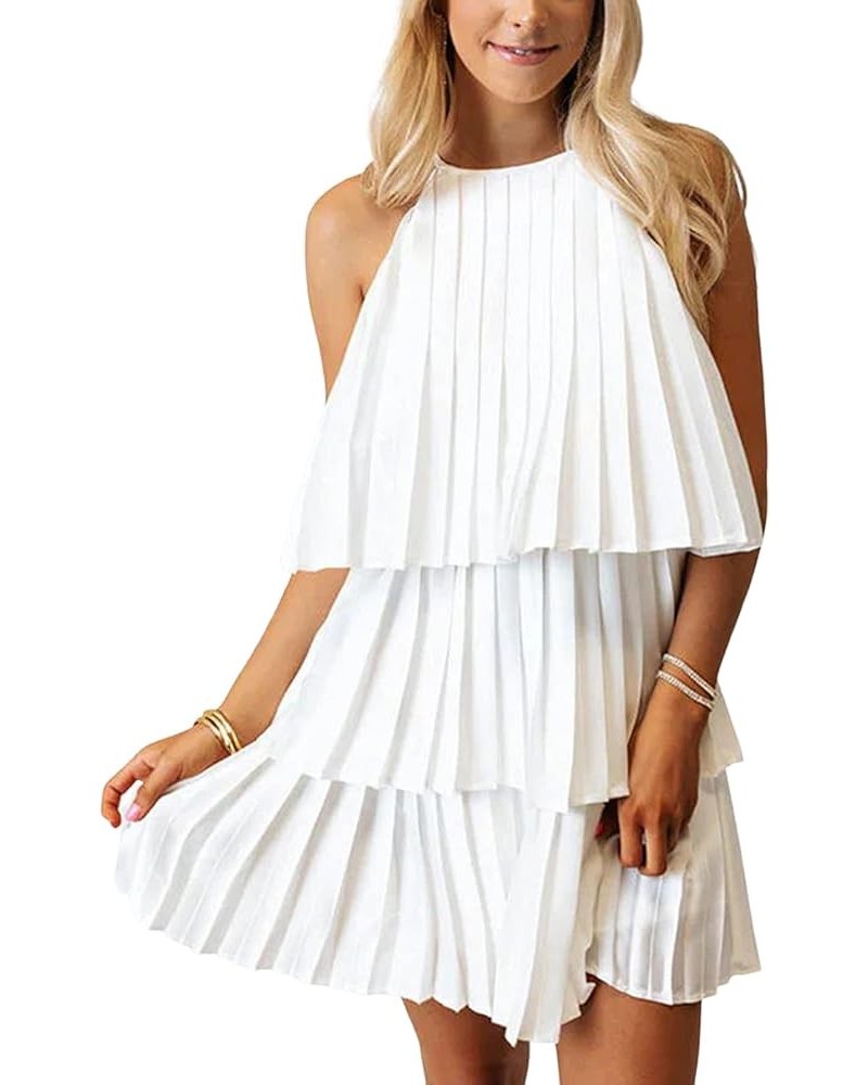 Women's Satin Halter Pleated Tiered Layered Sleeveless Flowy A Line Cocktail Mini Dress Solid White $29.99 Dresses