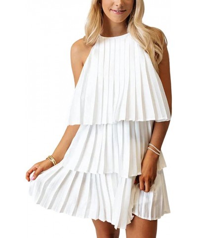 Women's Satin Halter Pleated Tiered Layered Sleeveless Flowy A Line Cocktail Mini Dress Solid White $29.99 Dresses