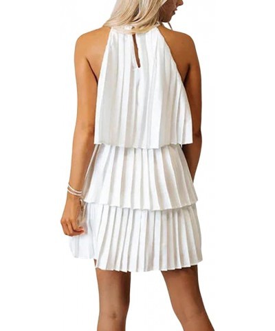 Women's Satin Halter Pleated Tiered Layered Sleeveless Flowy A Line Cocktail Mini Dress Solid White $29.99 Dresses