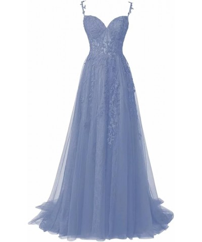 Tulle Prom Dresses 2024 Lace Appliques Evening Party Dresses Long Ball Gown for Women Cocktail with Slit Dusty Blue $35.75 Dr...