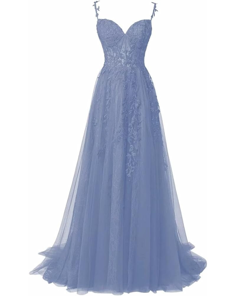 Tulle Prom Dresses 2024 Lace Appliques Evening Party Dresses Long Ball Gown for Women Cocktail with Slit Dusty Blue $35.75 Dr...