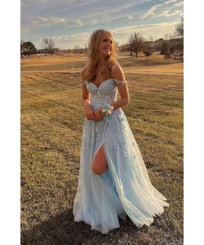 Tulle Prom Dresses 2024 Lace Appliques Evening Party Dresses Long Ball Gown for Women Cocktail with Slit Dusty Blue $35.75 Dr...