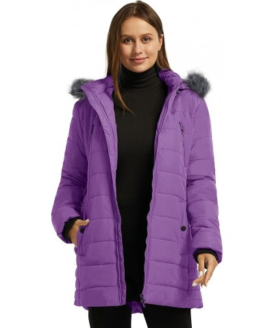 Women's Warm Winter Coat Heavy Puffer Jacket Parka with Fur Trimmed Hood Purple $37.39 Jackets