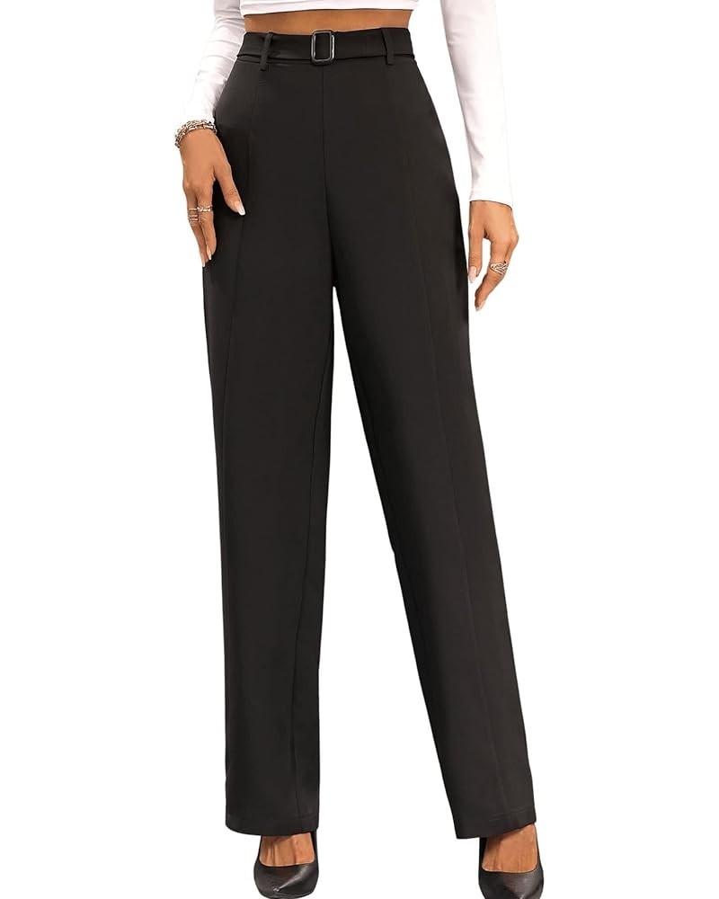 Women's Elegant High Waist Belted Pants Straight Leg Office Suit Pants Trousers Black $21.05 Pants