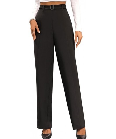 Women's Elegant High Waist Belted Pants Straight Leg Office Suit Pants Trousers Black $21.05 Pants