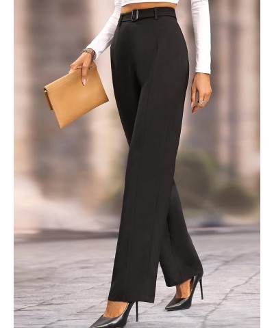 Women's Elegant High Waist Belted Pants Straight Leg Office Suit Pants Trousers Black $21.05 Pants