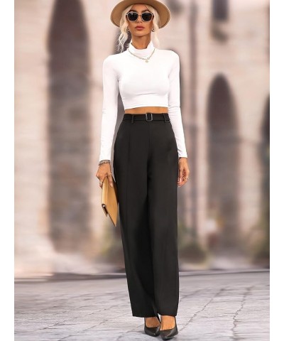 Women's Elegant High Waist Belted Pants Straight Leg Office Suit Pants Trousers Black $21.05 Pants