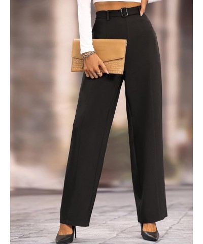 Women's Elegant High Waist Belted Pants Straight Leg Office Suit Pants Trousers Black $21.05 Pants