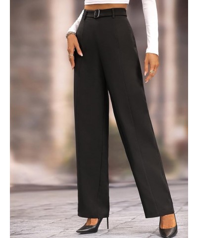 Women's Elegant High Waist Belted Pants Straight Leg Office Suit Pants Trousers Black $21.05 Pants