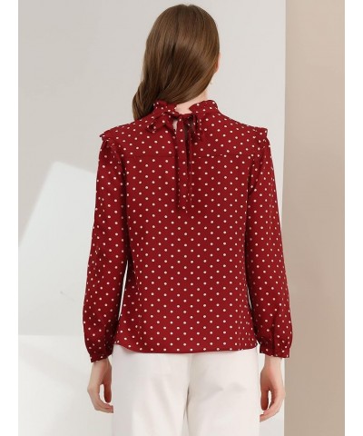 Women's Fall Fashion Long Sleeve Mock Neck Ruffle Polka Dots Blouse Tops Dark Red $15.26 Blouses