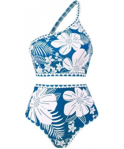 Women One Piece Swimsuit with Beach Cover Up Wrap Skirt Set Floral Print Bikini Tummy Control Two Piece Bathing Suit 08-h-blu...