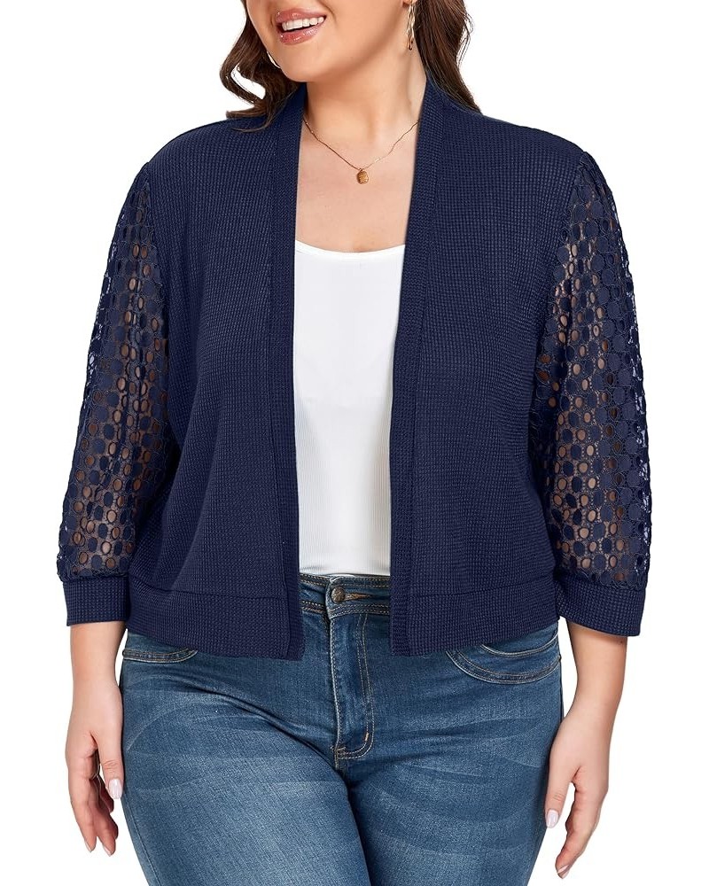 Plus Size Cardigan Shrugs for Women Waffle Knit Lace 3/4 Length Sleeve Sweaters Casual Open Front Navy Blue $11.50 Sweaters