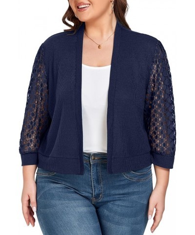 Plus Size Cardigan Shrugs for Women Waffle Knit Lace 3/4 Length Sleeve Sweaters Casual Open Front Navy Blue $11.50 Sweaters