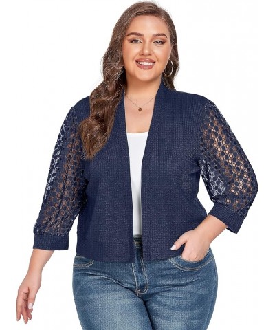 Plus Size Cardigan Shrugs for Women Waffle Knit Lace 3/4 Length Sleeve Sweaters Casual Open Front Navy Blue $11.50 Sweaters