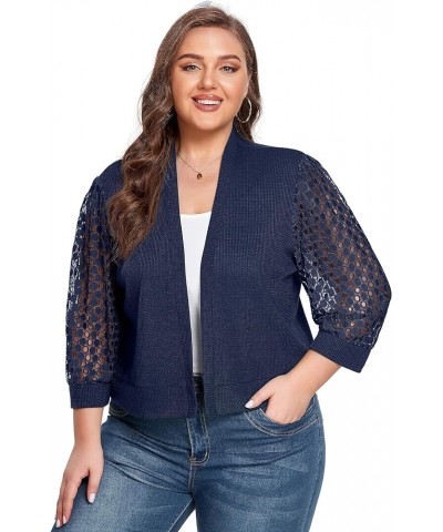 Plus Size Cardigan Shrugs for Women Waffle Knit Lace 3/4 Length Sleeve Sweaters Casual Open Front Navy Blue $11.50 Sweaters