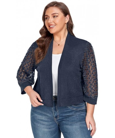 Plus Size Cardigan Shrugs for Women Waffle Knit Lace 3/4 Length Sleeve Sweaters Casual Open Front Navy Blue $11.50 Sweaters