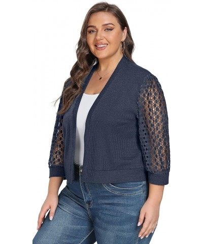 Plus Size Cardigan Shrugs for Women Waffle Knit Lace 3/4 Length Sleeve Sweaters Casual Open Front Navy Blue $11.50 Sweaters