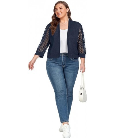 Plus Size Cardigan Shrugs for Women Waffle Knit Lace 3/4 Length Sleeve Sweaters Casual Open Front Navy Blue $11.50 Sweaters