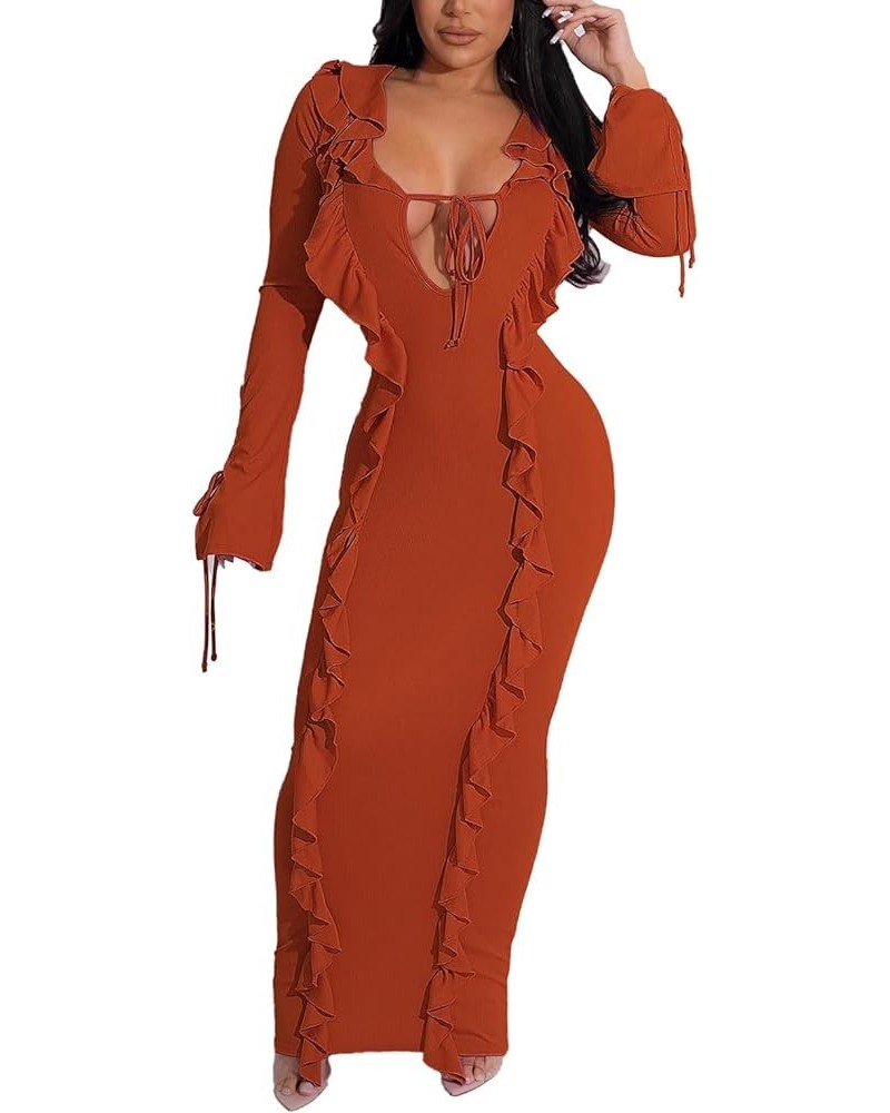 Sexy Bodycon Ruffle Maxi Dress for Women Long Sleeve V Neck Tie Up Party Clubwear Date Night Long Dress Coffee $22.99 Dresses