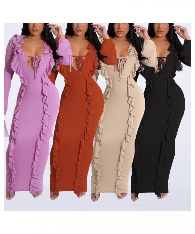 Sexy Bodycon Ruffle Maxi Dress for Women Long Sleeve V Neck Tie Up Party Clubwear Date Night Long Dress Coffee $22.99 Dresses