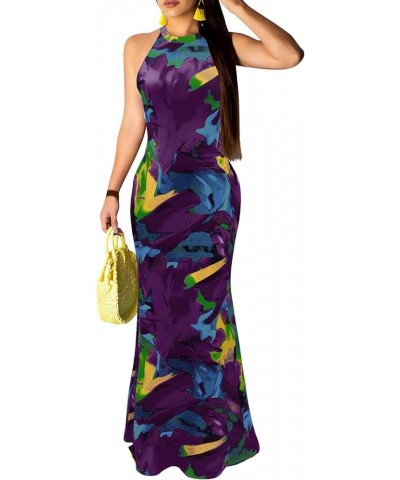 Women Maxi Dress Sexy Sleeveless Halter Neck Print Boho Beach Party Bodycon Mermaid Long Holiday Dresses Sundress Deep Purple...