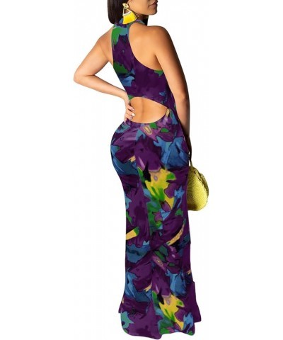 Women Maxi Dress Sexy Sleeveless Halter Neck Print Boho Beach Party Bodycon Mermaid Long Holiday Dresses Sundress Deep Purple...