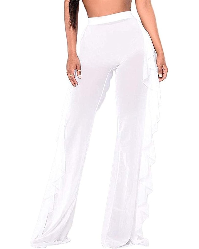 Women Ruffle Sheer Mesh Pants See Through Bikini Bottom Swimsuit Cover up Wide Leg Beach Pants A-white $12.97 Swimsuits