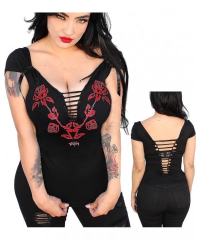 Sexy Biker Babe Tee Slashed Cut Out Angel Wings Skull Tattoo Shirt Ladies Motorcycle T-Shirt Rose Blk/Red $18.87 T-Shirts