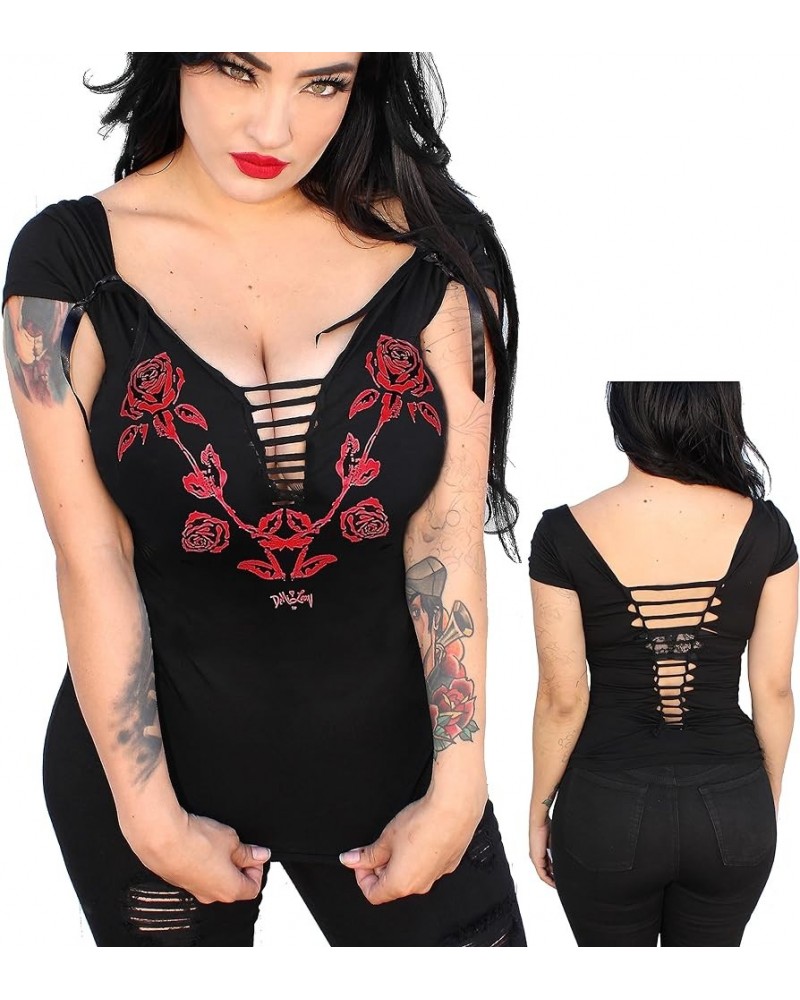 Sexy Biker Babe Tee Slashed Cut Out Angel Wings Skull Tattoo Shirt Ladies Motorcycle T-Shirt Rose Blk/Red $18.87 T-Shirts