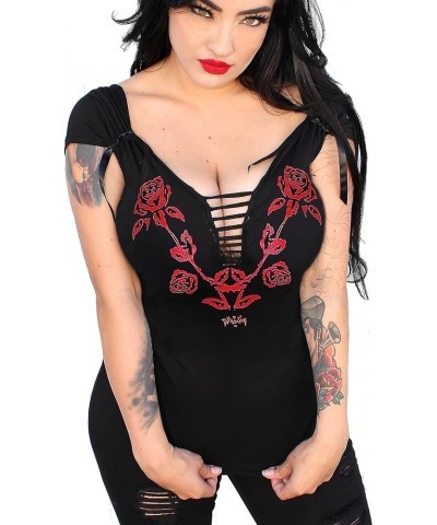 Sexy Biker Babe Tee Slashed Cut Out Angel Wings Skull Tattoo Shirt Ladies Motorcycle T-Shirt Rose Blk/Red $18.87 T-Shirts