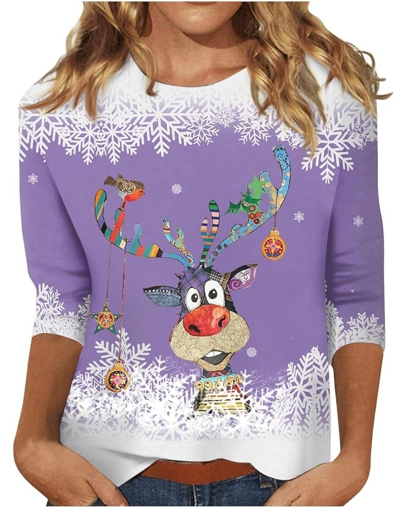 Christmas Tee Womens Tops Trendy 3/4 Sleeve Casual Pullover Christmas Day Print T Shirts Loose Blouse Sweatshirt A02-purple $...