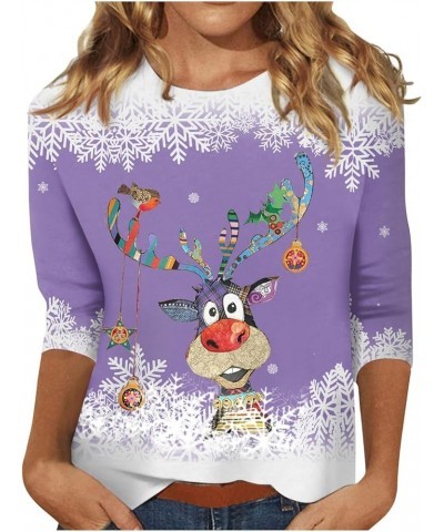 Christmas Tee Womens Tops Trendy 3/4 Sleeve Casual Pullover Christmas Day Print T Shirts Loose Blouse Sweatshirt A02-purple $...