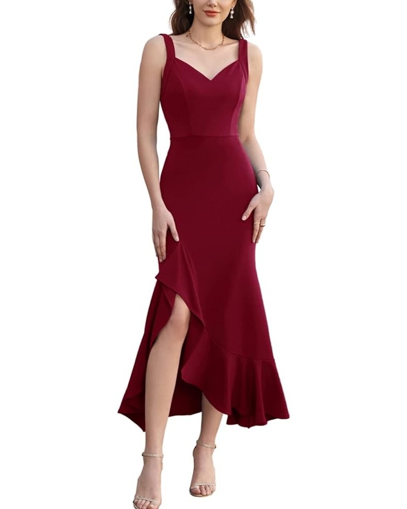 Women's Long Formal Dresses Sleeveless V Neck Cocktail Wedding Guest Dresses Mermaid Ruffle Party Prom Maxi Dress Wine Red $2...