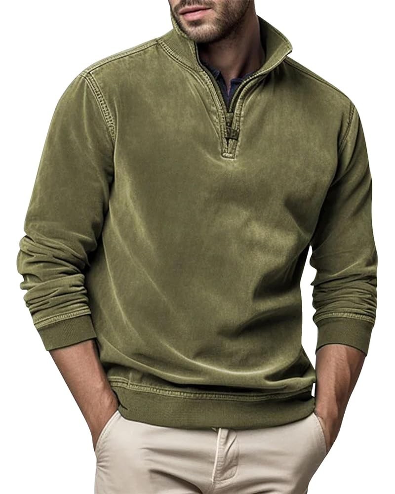 2024 Men's Sweaters 1/4 Zip Up Casual Turtleneck Pullover Polo Slim Fit Sweaters Long Sleeve Thermal Sweatshirts 01-army Gree...