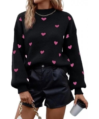 Women Cute Valentine Heart Graphic Sweater Long Sleeve Knitted Loose Jacquard Pattern Pullover Tops Black $15.36 Sweaters