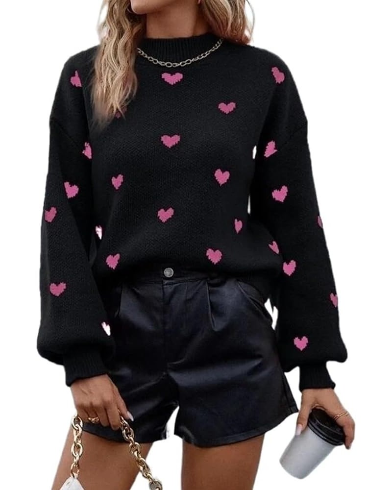 Women Cute Valentine Heart Graphic Sweater Long Sleeve Knitted Loose Jacquard Pattern Pullover Tops Black $15.36 Sweaters