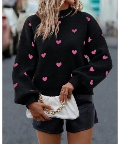 Women Cute Valentine Heart Graphic Sweater Long Sleeve Knitted Loose Jacquard Pattern Pullover Tops Black $15.36 Sweaters