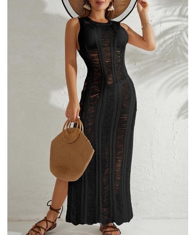 Tassel Sexy Bikini Cover Up for Women Sleeveless Long Dress Crochet Beachwear Black $17.59 Swimsuits